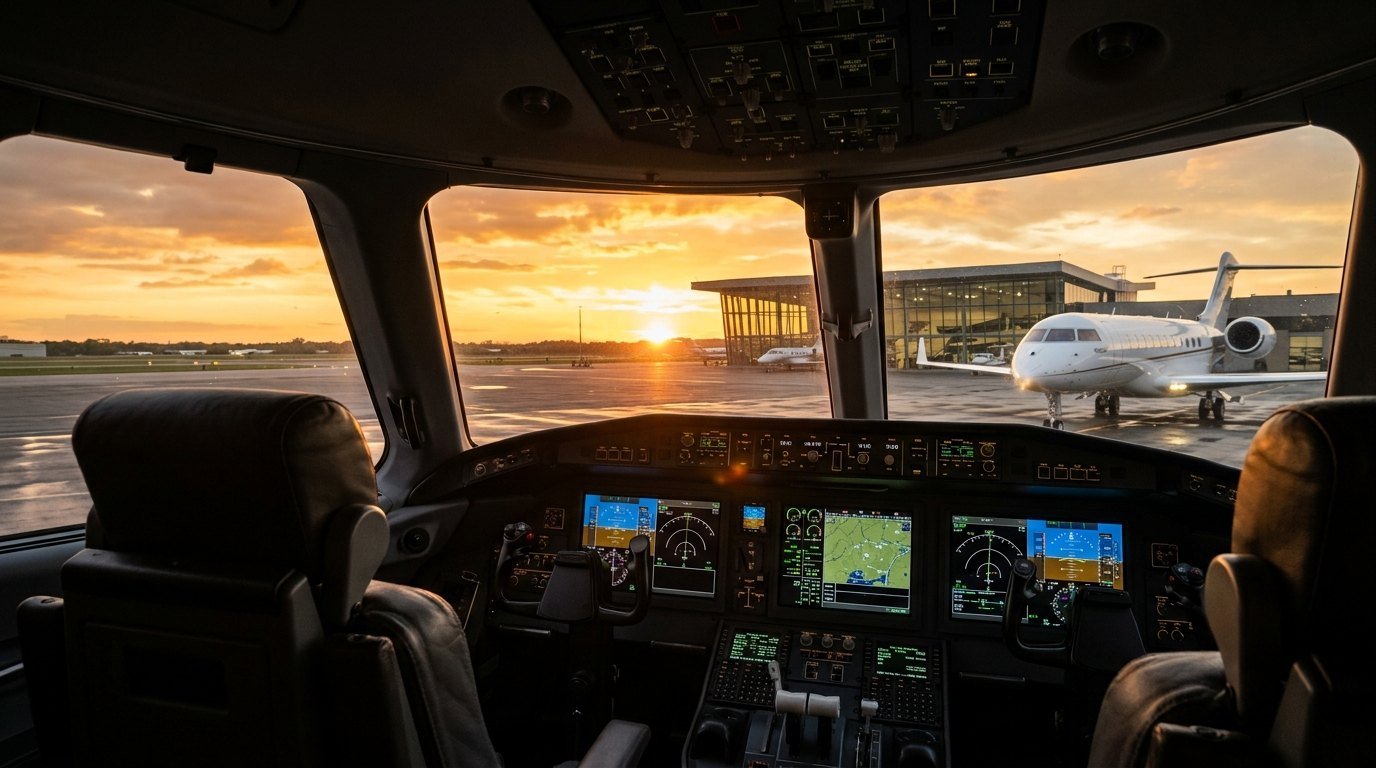 Cabina de un jet privado al atardecer